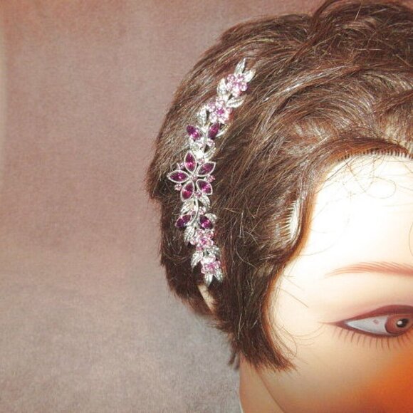 Vtg Hair Comb Purple Pink Rhinestones Floral Cluster Silvertone Updo Boho 4" - Picture 3 of 9